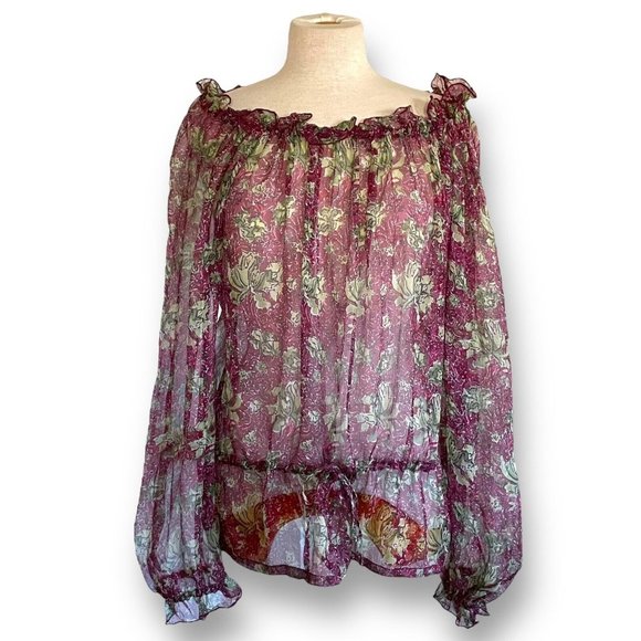 Peruvian Connection Womens Blouse Sz M Sheer Floral 100% Silk Chiffon Boho Top - Picture 1 of 8